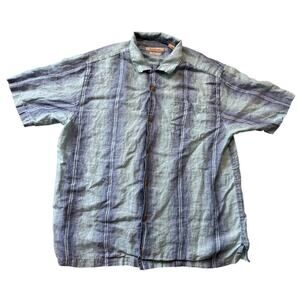 Tommy Bahama Linen Striped Shirt Mens XL Blue Casual Short Sleeve Camp Button Up